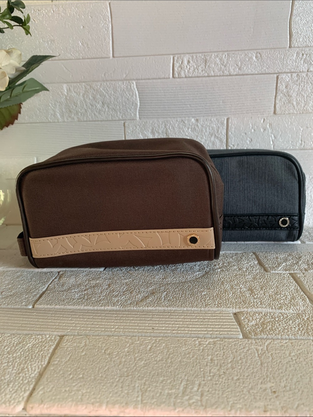 Two Bulgari Brown and grey Toiletry Bag with Cream Accent